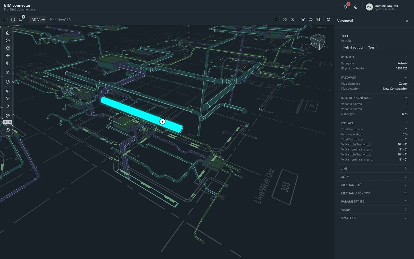 BIMconnector – 3D model VZT potrubí nad 2D výkresem, vpravo panel vlastností vybraného prvku