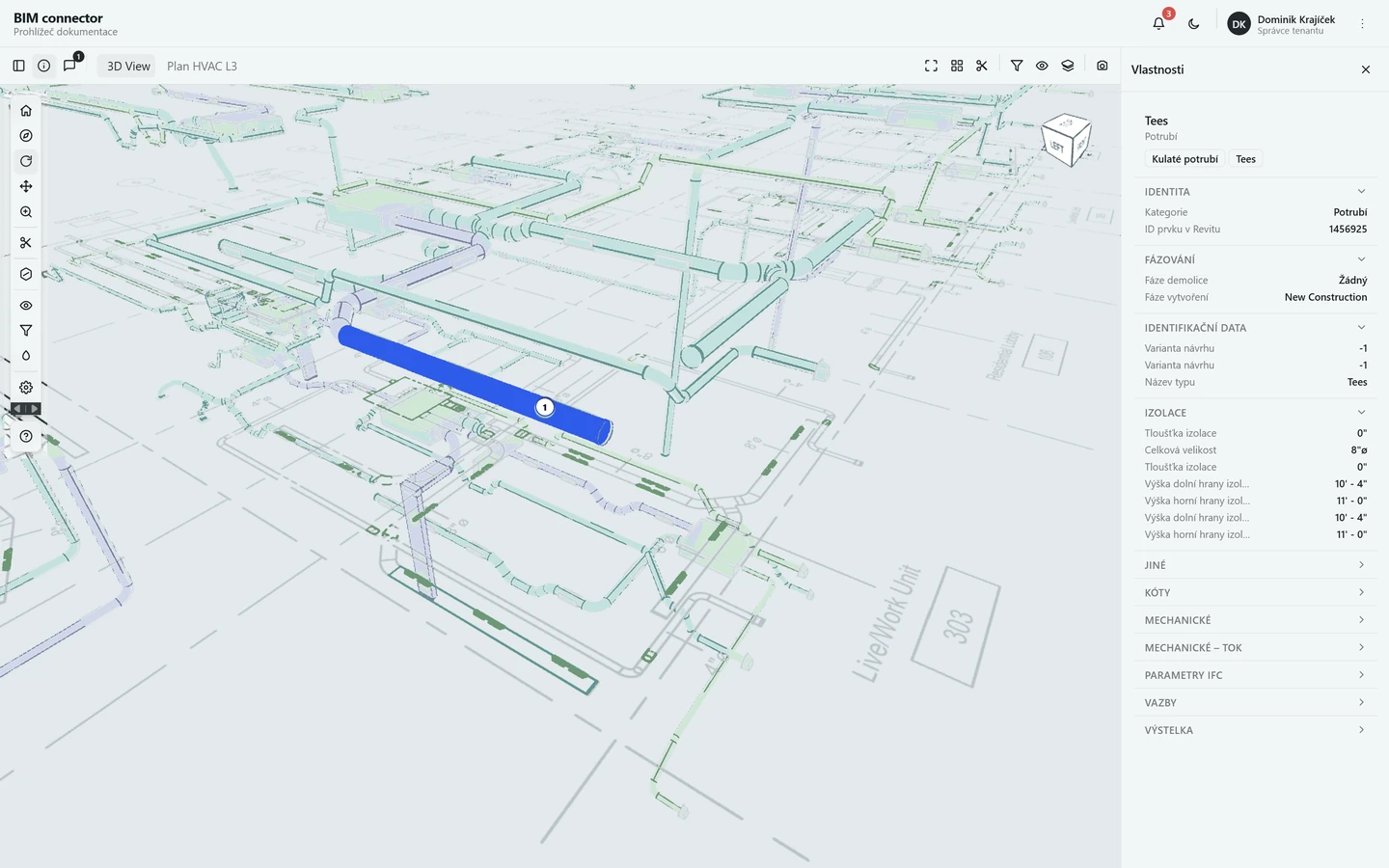 BIMconnector – 3D model VZT potrubí nad 2D výkresem, vpravo panel vlastností vybraného prvku